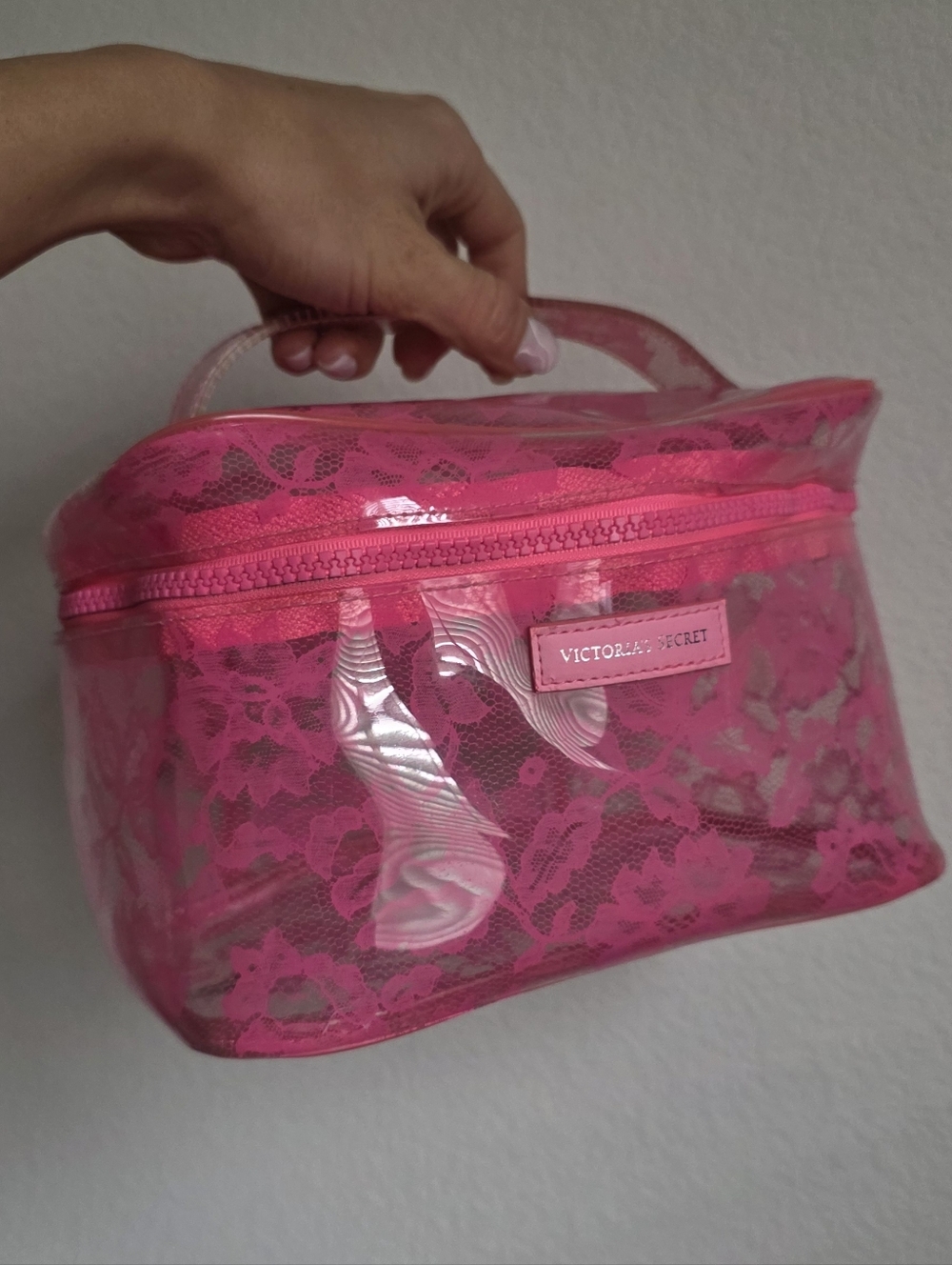 Victoria's Secret Hot Pink Lace Clear Cosmetic Case